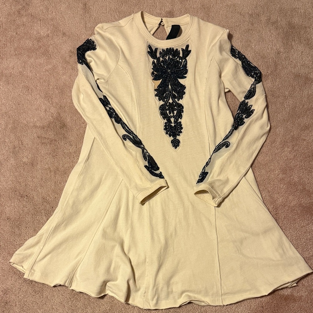 Cream Dress with Black Embroidery
